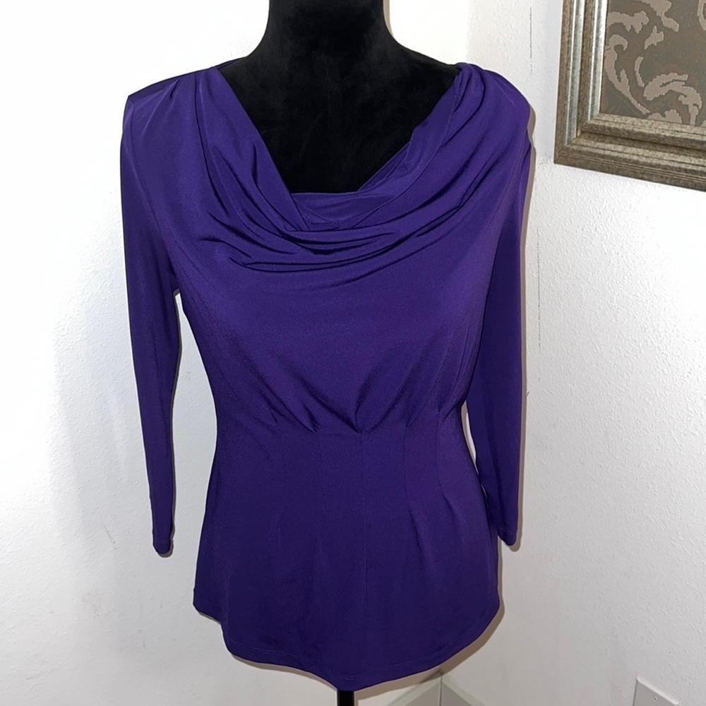 Tahari purple cowl neck 3/4 sleeves top blouse Sz S